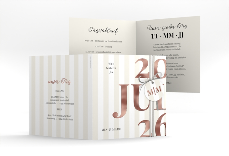 Hochzeitseinladung Streifen quadr. Klappkarte beige rosegold