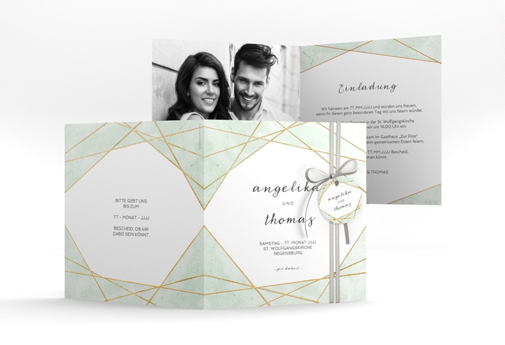 Hochzeitseinladung Asymmetry quadr. Klappkarte gruen gold