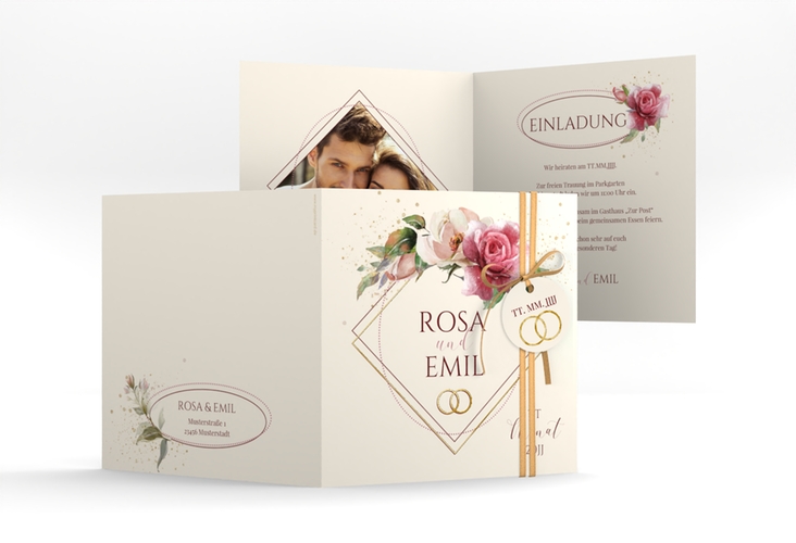 Hochzeitseinladung Rosenbogen quadr. Klappkarte beige gold