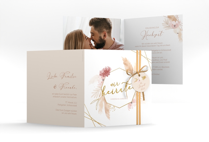 Hochzeitseinladung Bohostyle quadr. Klappkarte beige gold mit Pampasgras in Aquarell