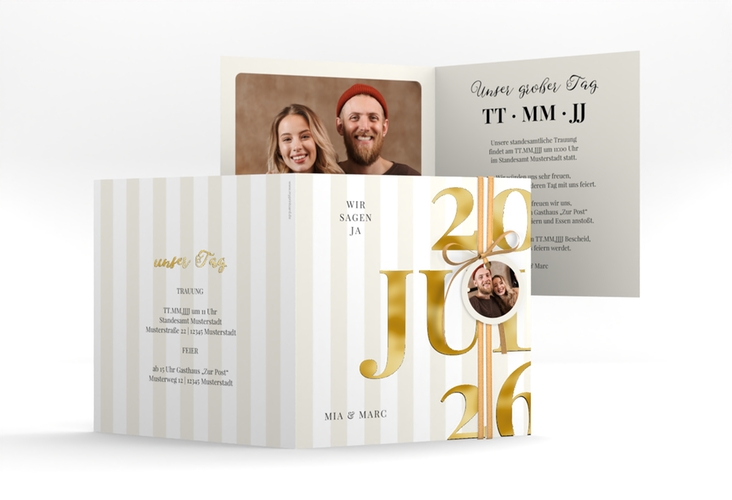 Hochzeitseinladung Streifen quadr. Klappkarte beige gold