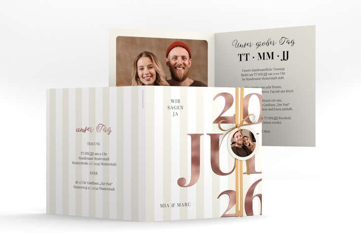Hochzeitseinladung Streifen quadr. Klappkarte beige rosegold