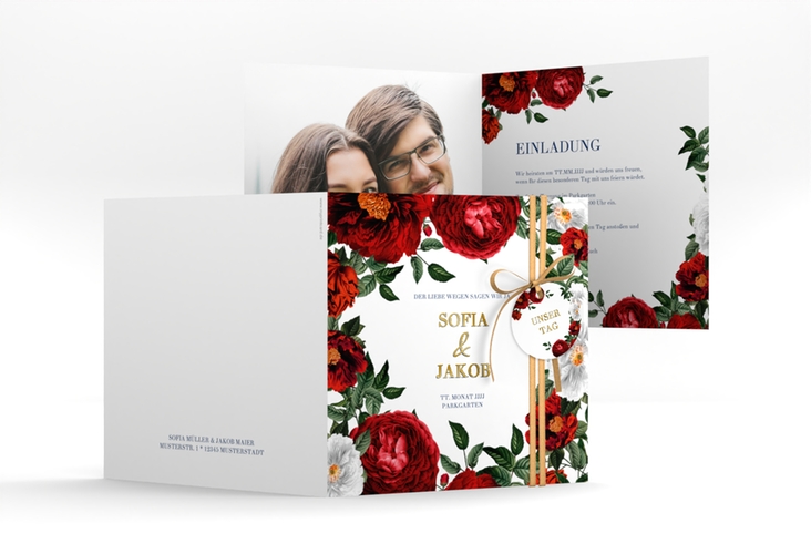 Einladungskarte Hochzeit Florista quadr. Klappkarte weiss gold