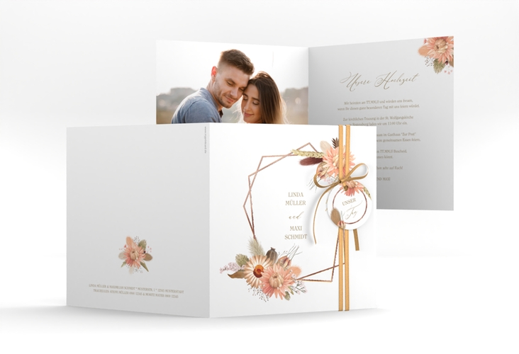 Hochzeitseinladung Strohblume quadr. Klappkarte weiss rosegold