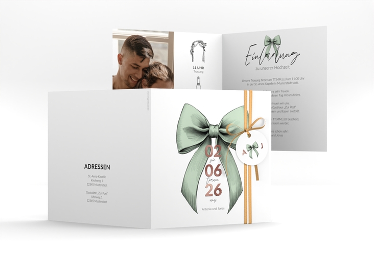 Hochzeitseinladung Schleife quadr. Klappkarte gruen rosegold