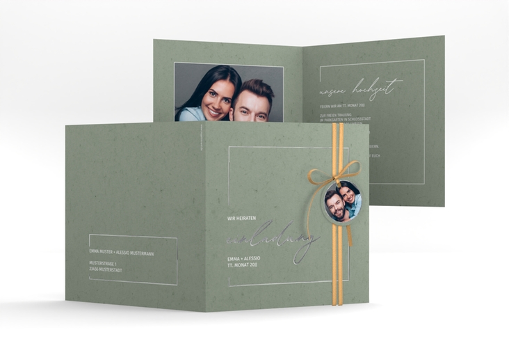 Hochzeitseinladung Simple Line quadr. Klappkarte gruen silber