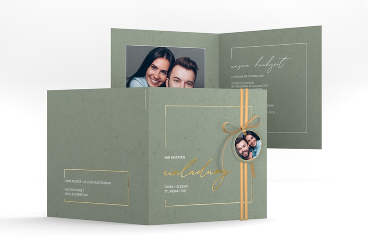 Hochzeitseinladung Simple Line quadr. Klappkarte gruen gold