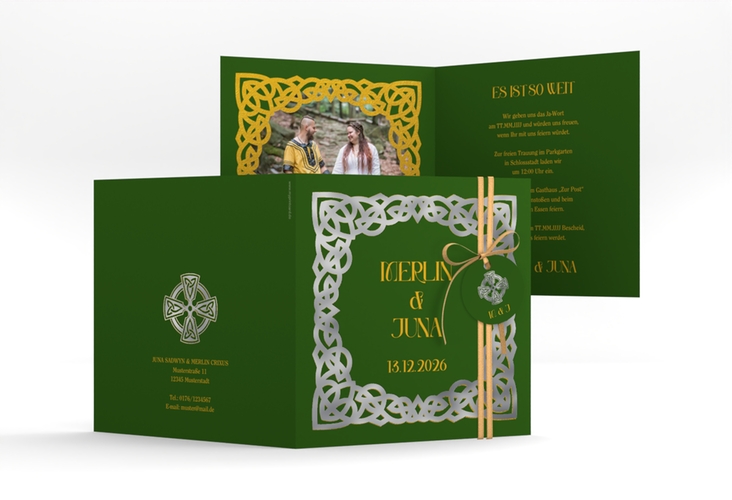 Hochzeitseinladung Celtic quadr. Klappkarte gruen silber mit keltischem Knoten in irischen Farben