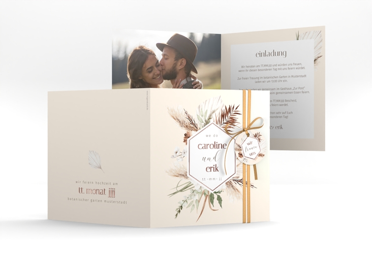 Hochzeitseinladung Bohemian quadr. Klappkarte beige rosegold im Boho-Style mit Pampasgras