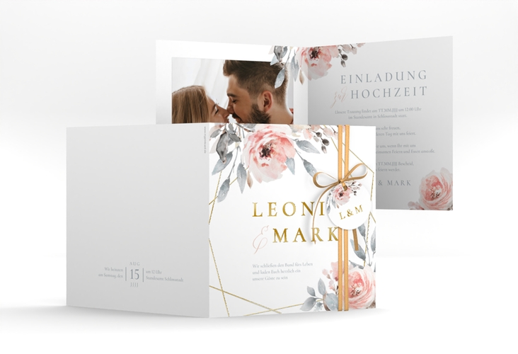 Hochzeitseinladung Perfection quadr. Klappkarte weiss gold mit rosa Rosen