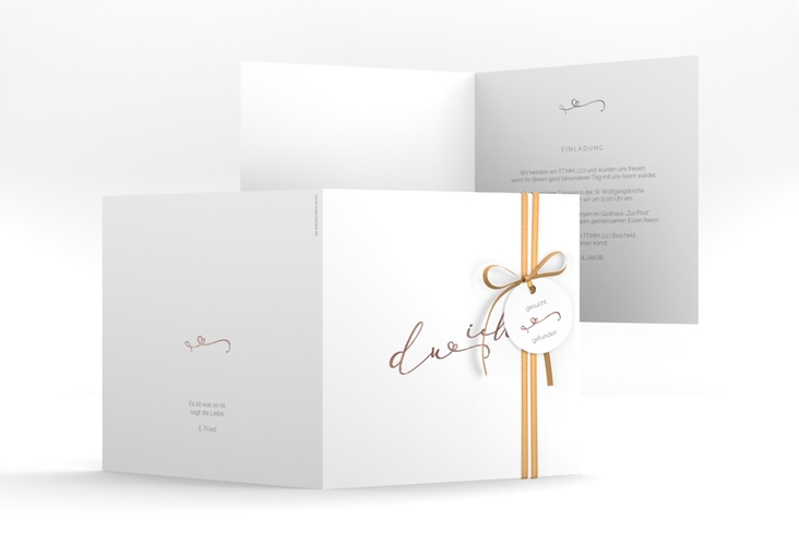 Hochzeitseinladung Zweisamkeit quadr. Klappkarte weiss rosegold im minimalistischen Stil mit Aufschrift du & ich