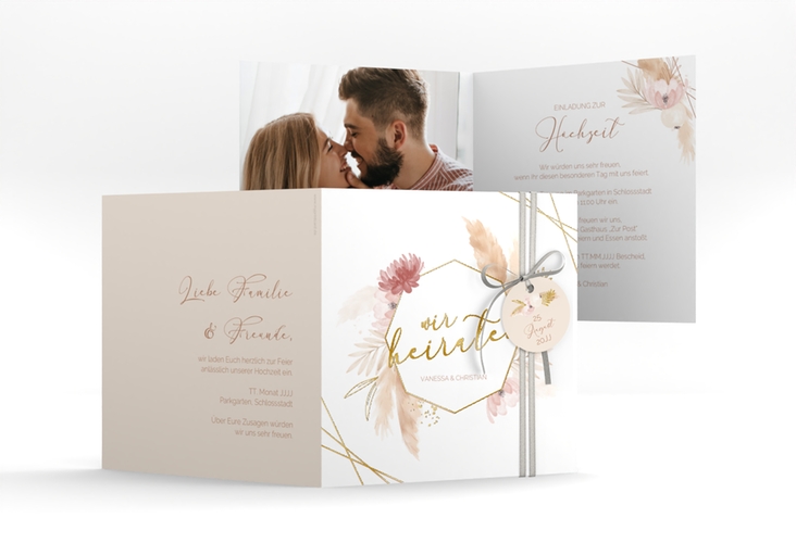 Hochzeitseinladung Bohostyle quadr. Klappkarte beige gold mit Pampasgras in Aquarell