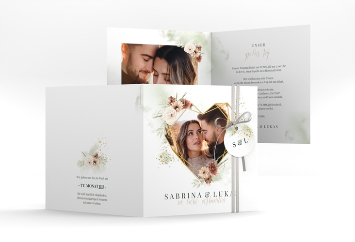 Hochzeitseinladung Odeur quadr. Klappkarte gruen gold mit Foto in Herzform