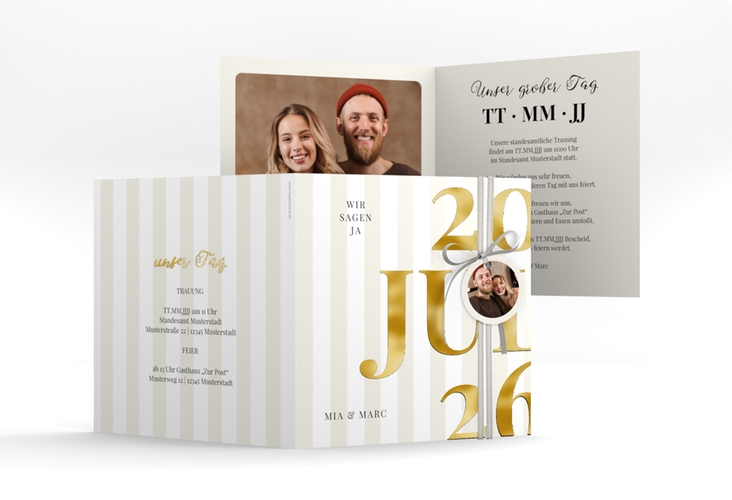 Hochzeitseinladung Streifen quadr. Klappkarte beige gold