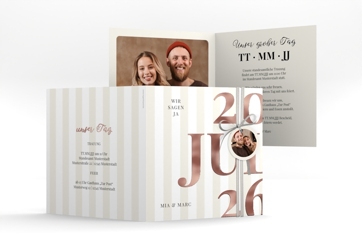 Hochzeitseinladung Streifen quadr. Klappkarte beige rosegold