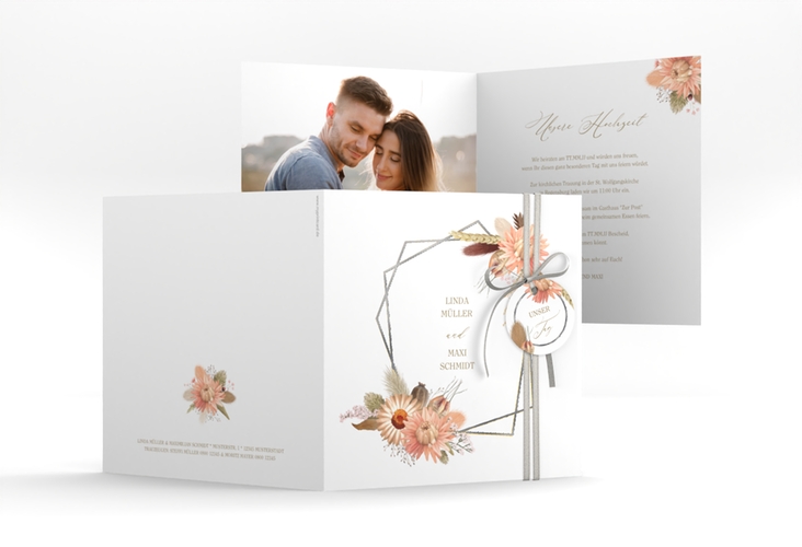 Hochzeitseinladung Strohblume quadr. Klappkarte weiss silber