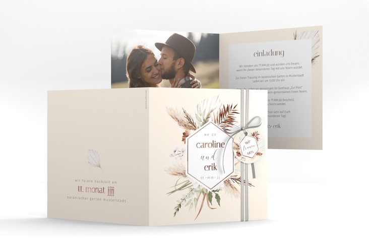 Hochzeitseinladung Bohemian quadr. Klappkarte beige rosegold im Boho-Style mit Pampasgras
