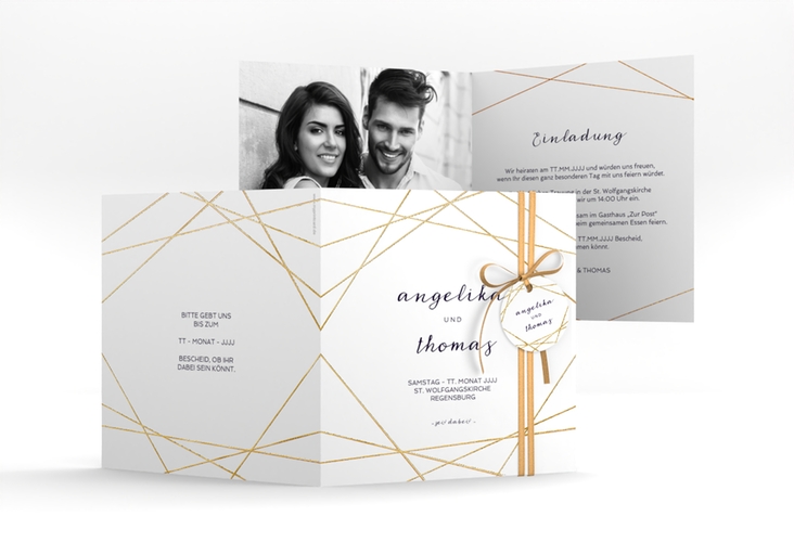 Hochzeitseinladung Asymmetry quadr. Klappkarte weiss gold