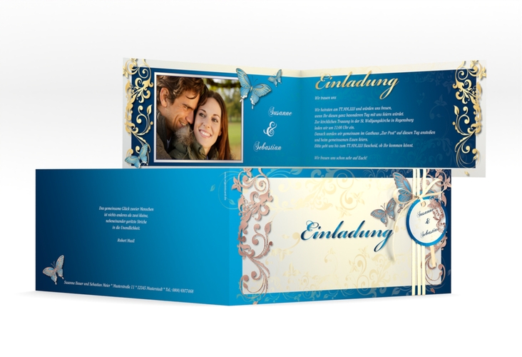 Hochzeitseinladung Toulouse lange Klappkarte quer blau rosegold