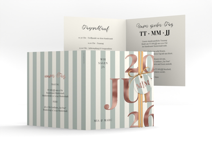 Hochzeitseinladung Streifen quadr. Klappkarte gruen rosegold