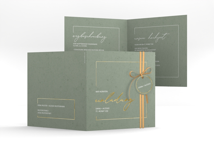 Hochzeitseinladung Simple Line quadr. Klappkarte gruen gold