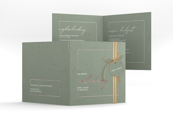 Hochzeitseinladung Simple Line quadr. Klappkarte gruen rosegold