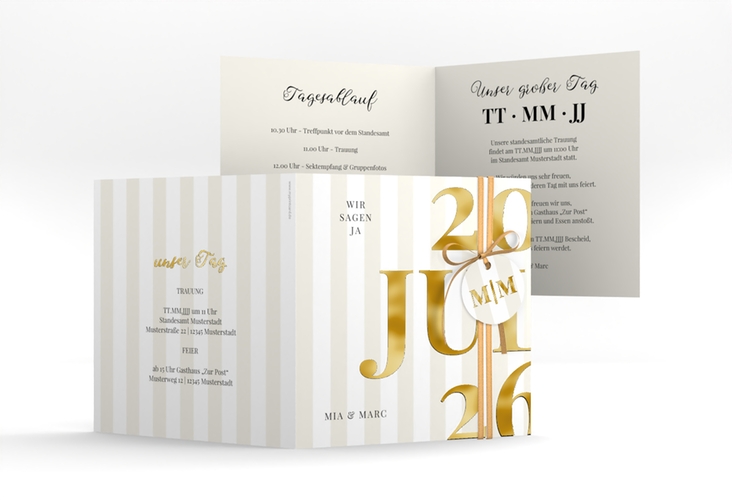 Hochzeitseinladung Streifen quadr. Klappkarte beige gold