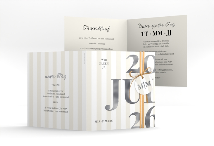Hochzeitseinladung Streifen quadr. Klappkarte beige silber
