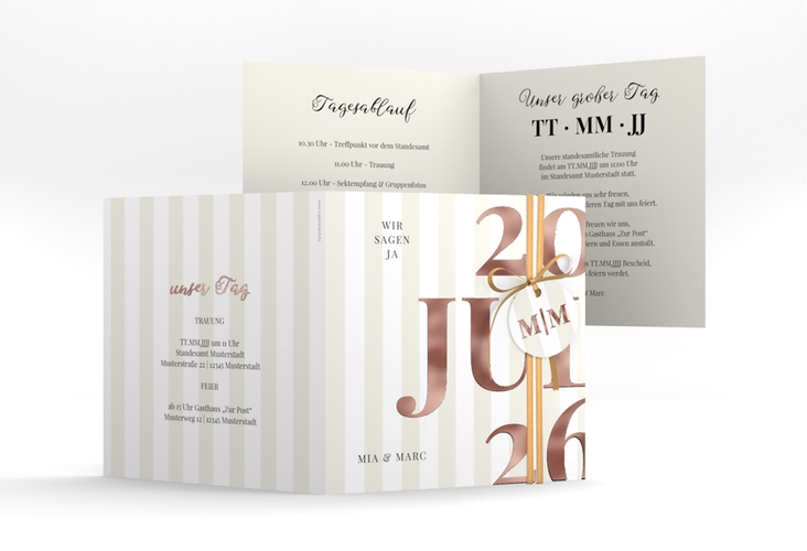 Hochzeitseinladung Streifen quadr. Klappkarte beige rosegold