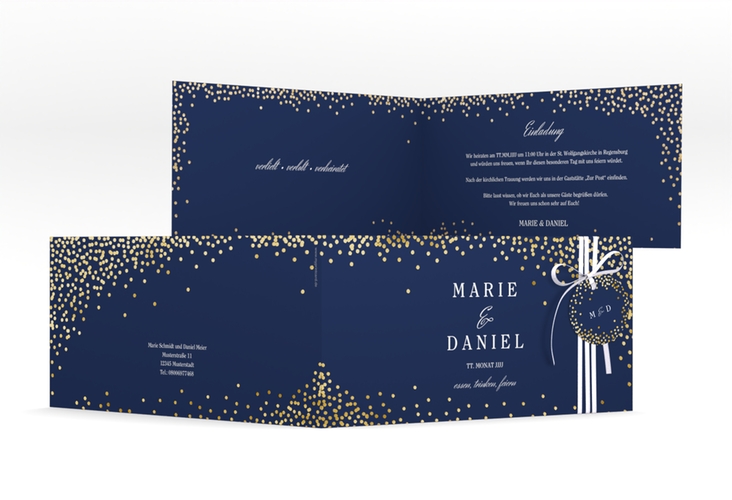 Hochzeitseinladung Glitter lange Klappkarte quer blau gold
