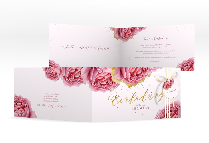Hochzeitseinladung Cherie lange Klappkarte quer rosa gold