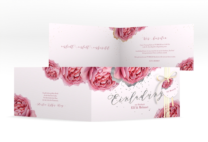 Hochzeitseinladung Cherie lange Klappkarte quer rosa silber
