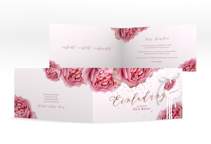 Hochzeitseinladung Cherie lange Klappkarte quer rosa rosegold
