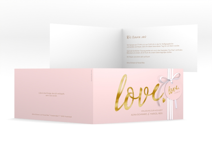Hochzeitseinladung Glam lange Klappkarte quer rosa gold