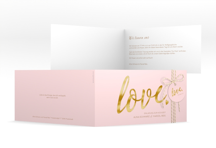 Hochzeitseinladung Glam lange Klappkarte quer rosa gold