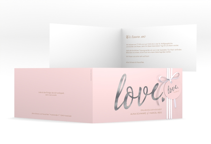 Hochzeitseinladung Glam lange Klappkarte quer rosa silber