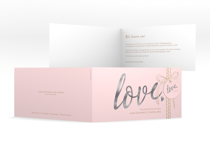 Hochzeitseinladung Glam lange Klappkarte quer rosa silber
