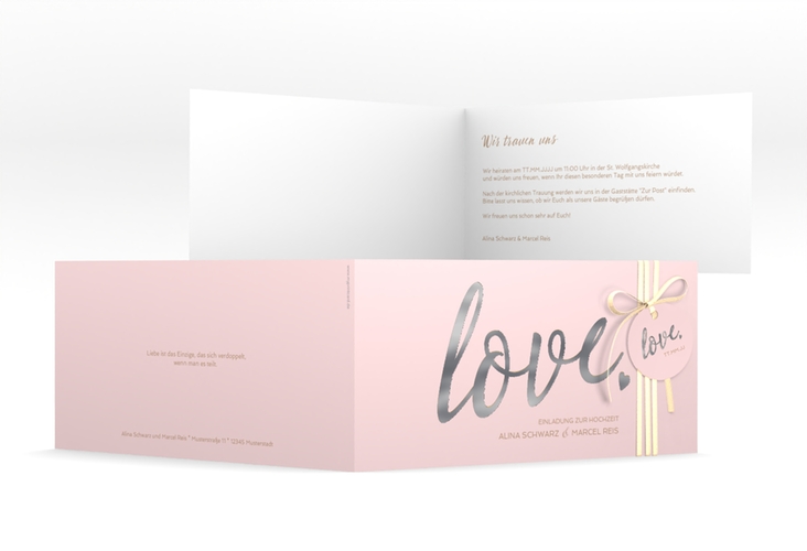 Hochzeitseinladung Glam lange Klappkarte quer rosa silber