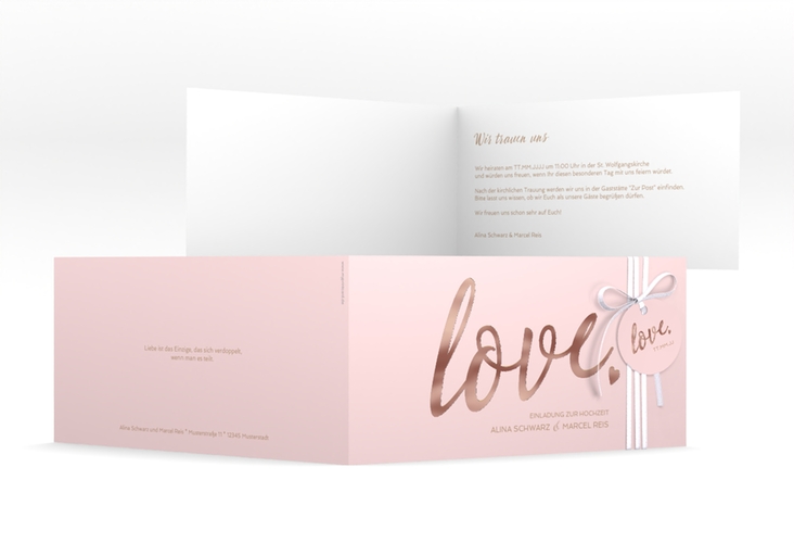 Hochzeitseinladung Glam lange Klappkarte quer rosa rosegold
