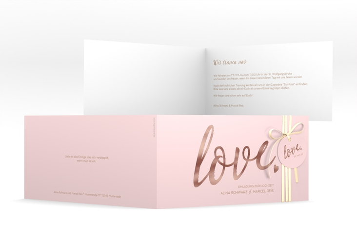 Hochzeitseinladung Glam lange Klappkarte quer rosa rosegold