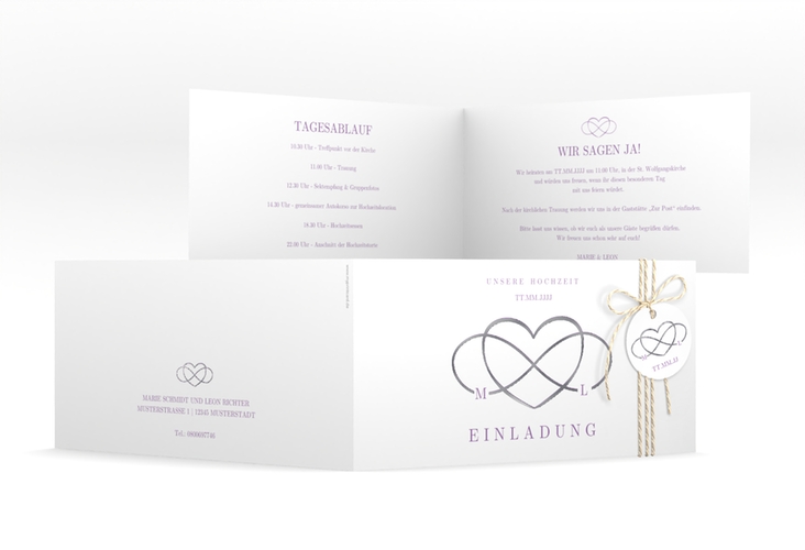 Hochzeitseinladung Infinity lange Klappkarte quer lila silber