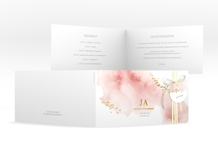 Hochzeitseinladung Pastell lange Klappkarte quer rosa gold