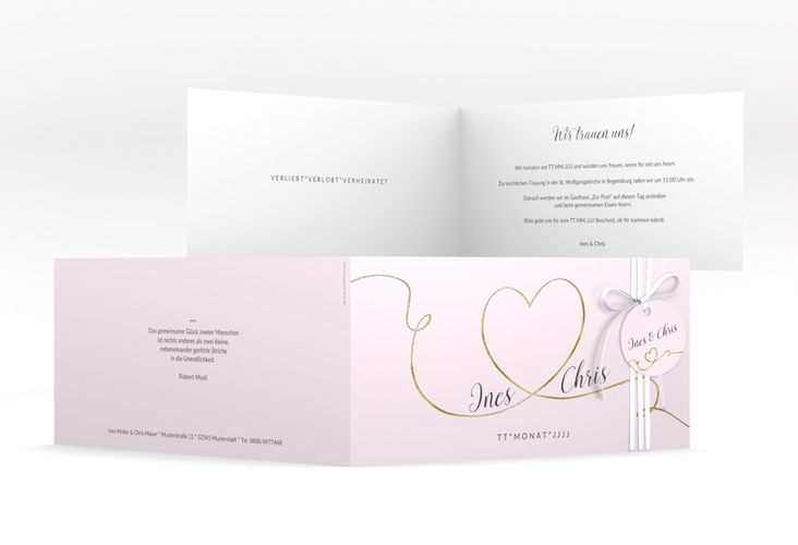 Hochzeitseinladung Dolce lange Klappkarte quer rosa gold