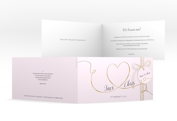Hochzeitseinladung Dolce lange Klappkarte quer rosa gold