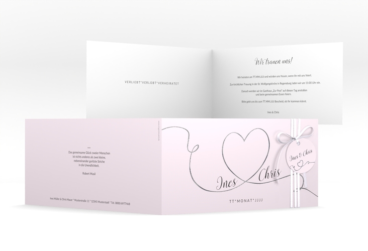 Hochzeitseinladung Dolce lange Klappkarte quer rosa silber