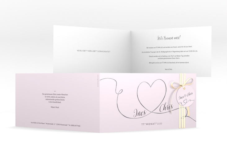 Hochzeitseinladung Dolce lange Klappkarte quer rosa silber