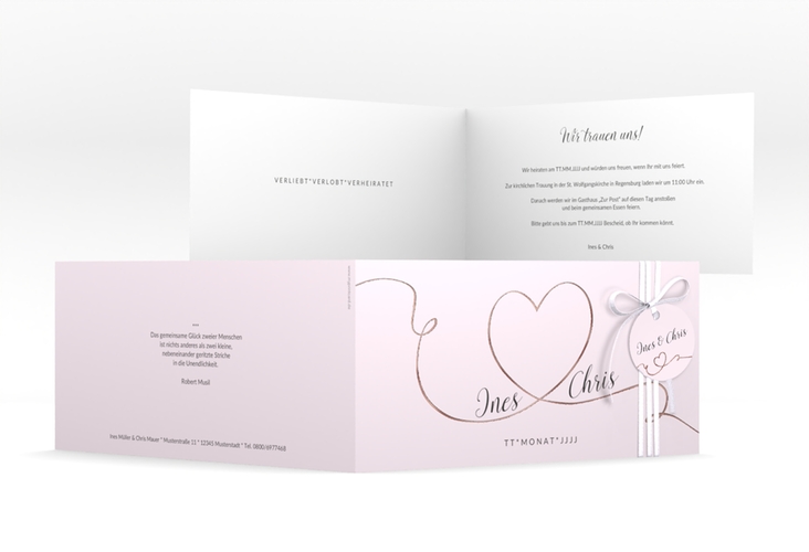 Hochzeitseinladung Dolce lange Klappkarte quer rosa rosegold