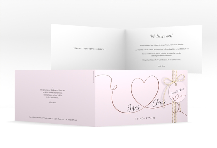 Hochzeitseinladung Dolce lange Klappkarte quer rosa rosegold