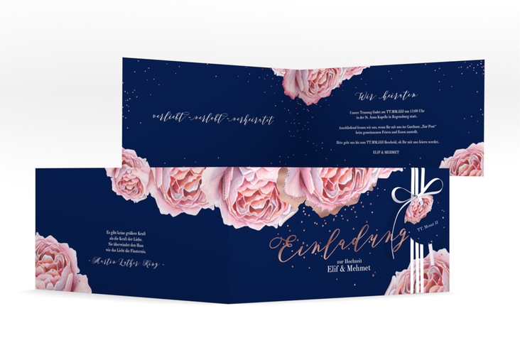Hochzeitseinladung Cherie lange Klappkarte quer rosa rosegold