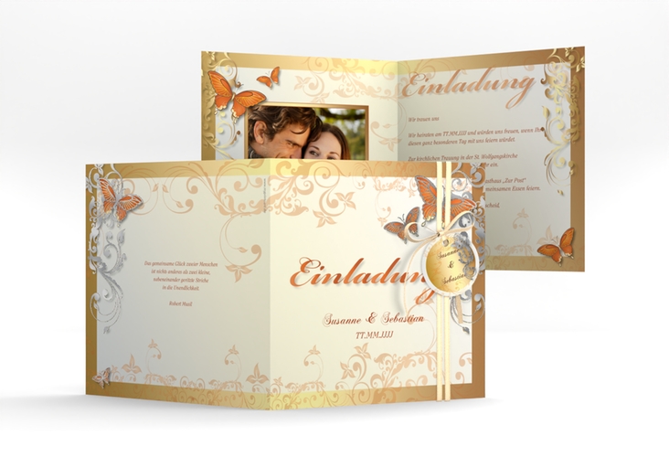Hochzeitseinladung Toulouse quadr. Klappkarte orange silber romantisch mit Schmetterlingen